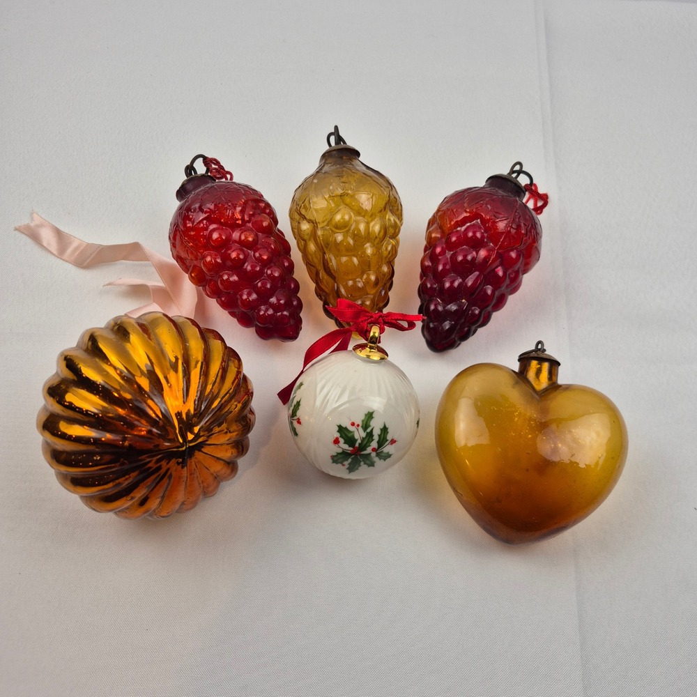 Vtg Glass Christmas‎ Ornament Lot 6pc Grapes Heart Ball + Lenox Holly 1990s